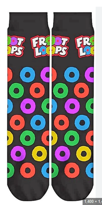Pair of socks with colorful donut pattern and 'Froot Loops' branding on a black background