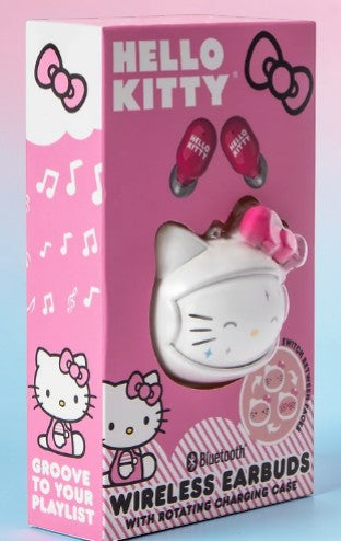 Hello Kitty Wireless Earbuds with Rotating Charging Case – Official Sanrio, Built-In Mic, Super Cute!