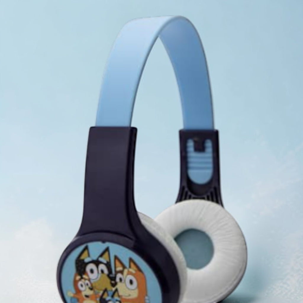 Children's headphones with cartoon design on a light blue background