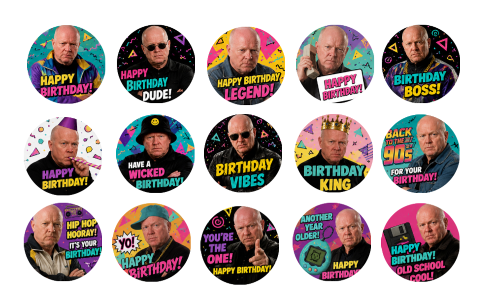 Set of colorful birthday buttons with a central figure on a white background