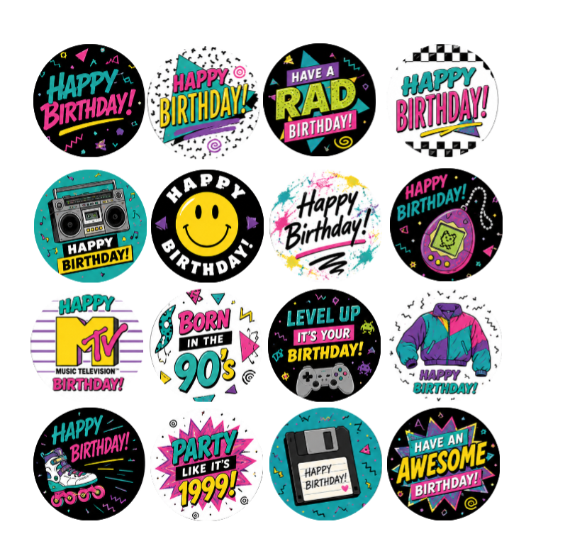 Retro 80s 90s Edible Cupcake Toppers – Colourful Birthday Wafer Cake Decorations