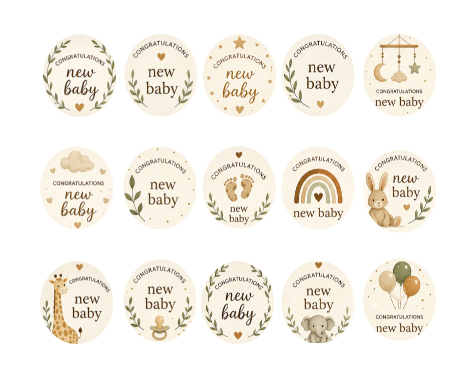 Neutral New Baby Edible Cupcake Toppers – 15 Pre-Cut Wafer Circles