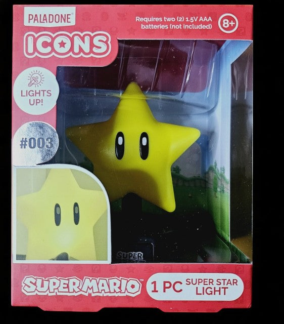 Paladone Icons Super Star Super Mario Mini Light #003, 4-inch yellow star collectible light on black base, boxed.
