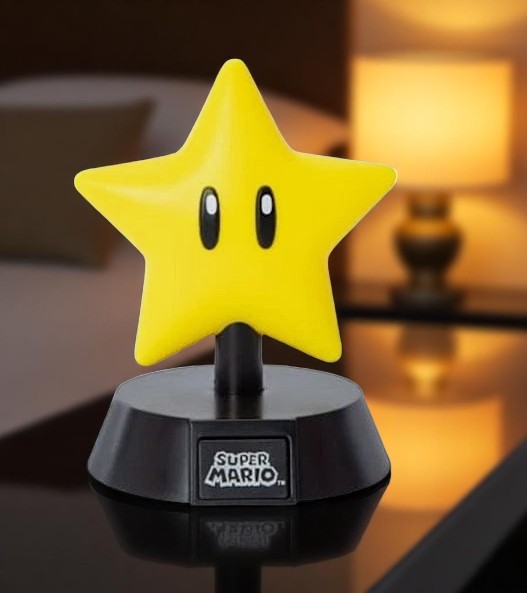 Paladone Icons Super Star Super Mario Mini Light #003, 4-inch yellow star collectible light on black base, boxed.
