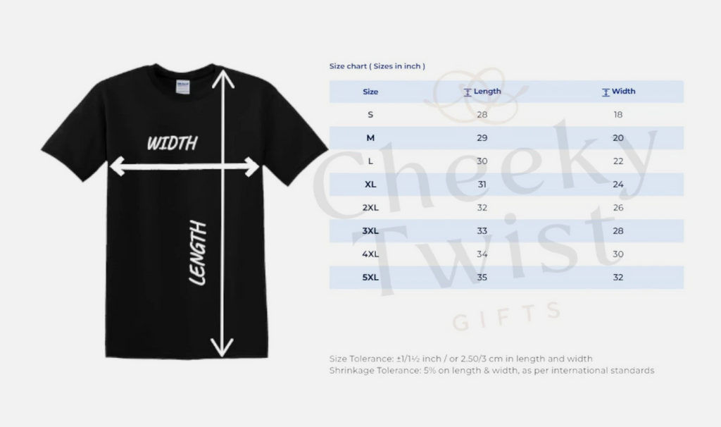Black t-shirt with measurements and size chart on a white background