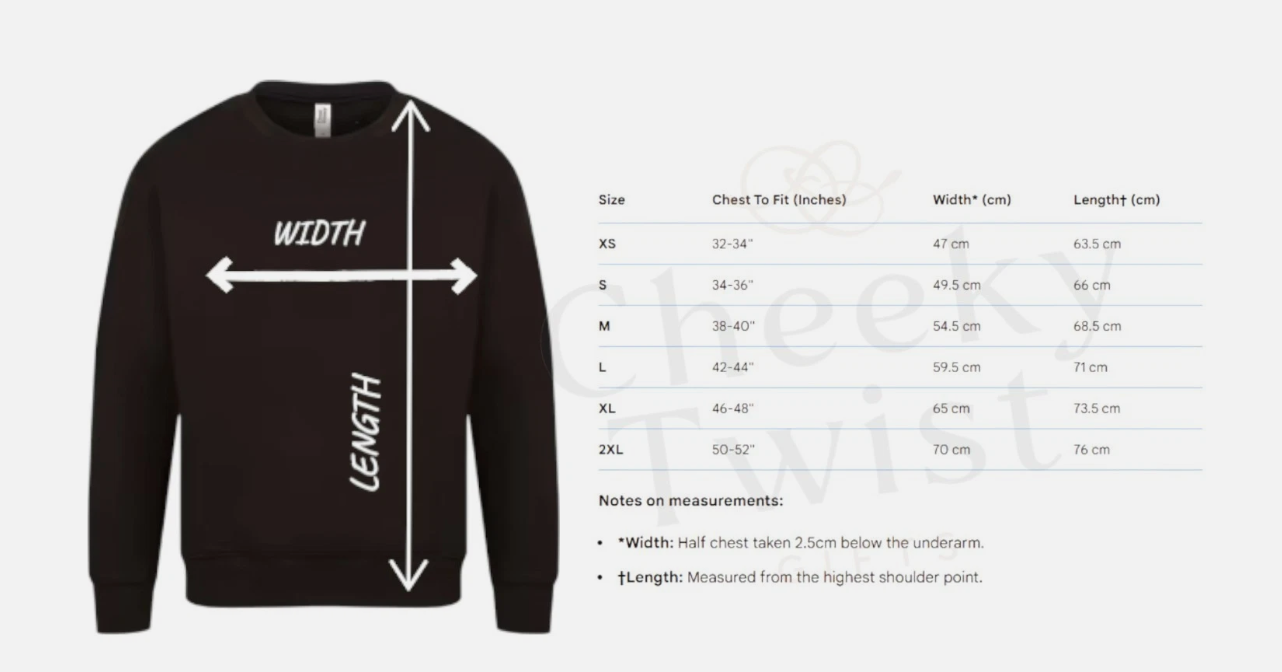Black sweatshirt with measurements and size chart on a white background