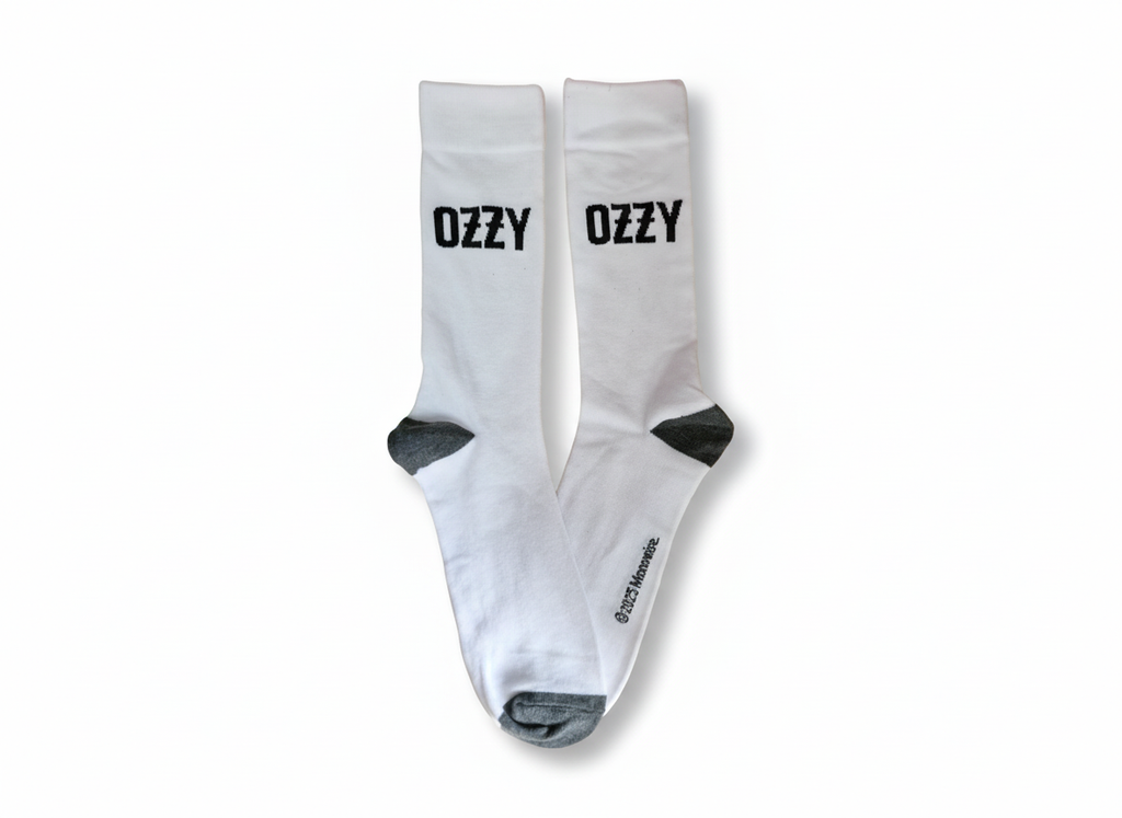 White socks with 'Ozzy' branding on a white background