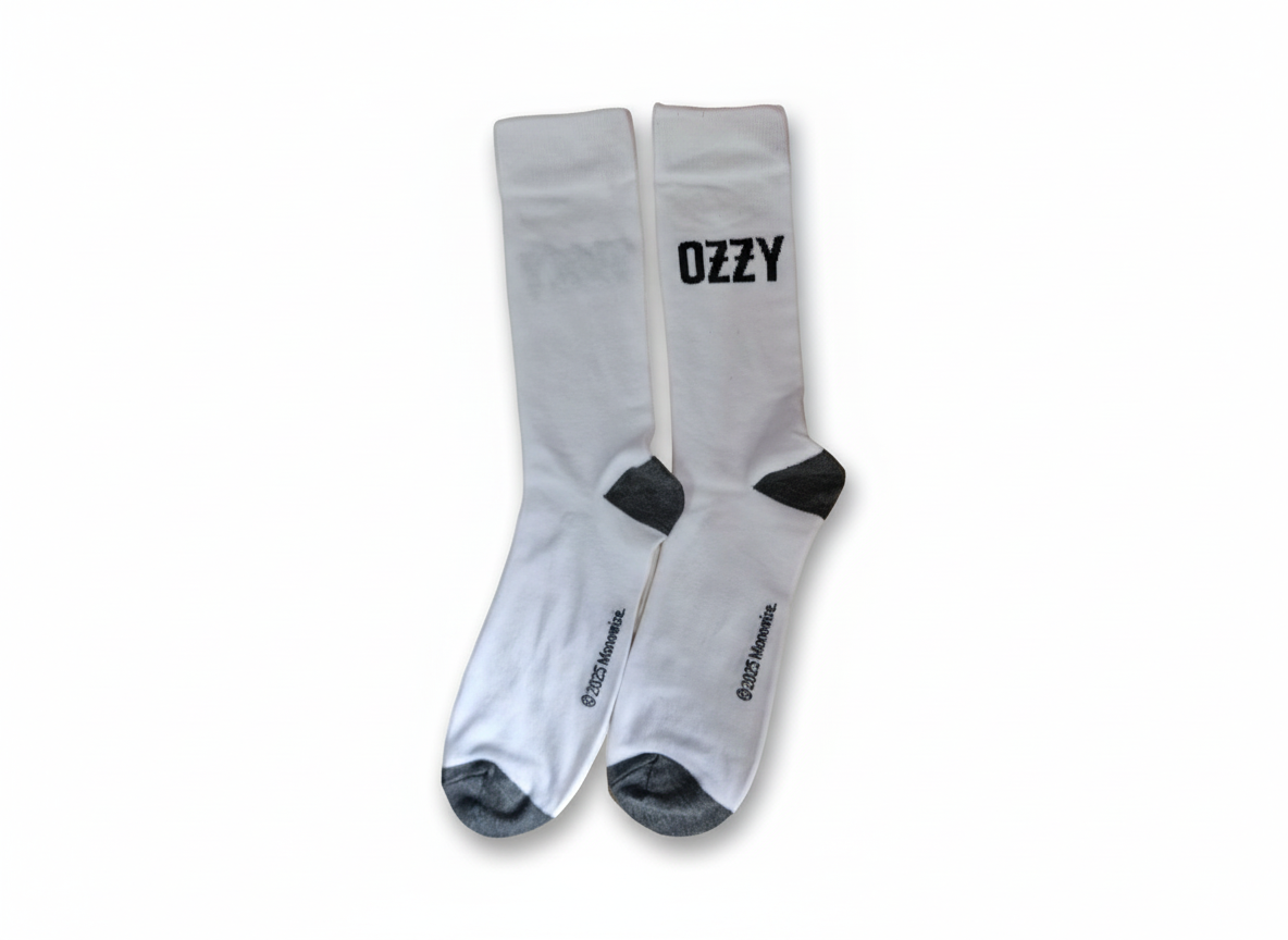 Pair of gray socks with 'Ozzy' branding on a white background