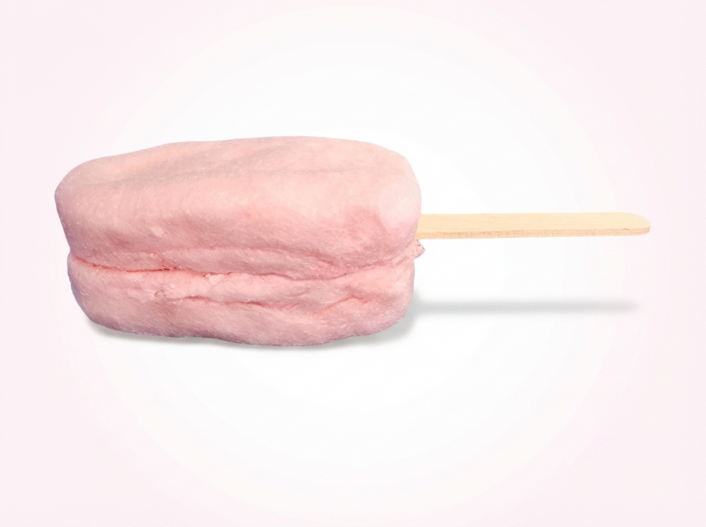Pink cotton candy on a stick against a white background