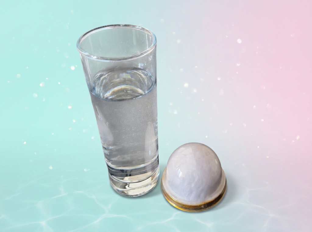 Clear glass of water next to a small white object on a light blue background