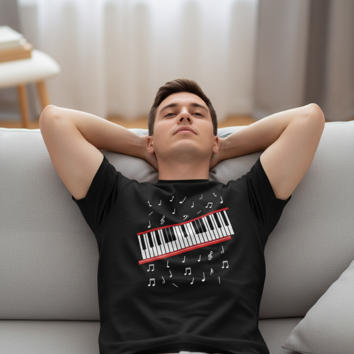 Man wearing a black t-shirt with a piano design, sitting on a couch.
