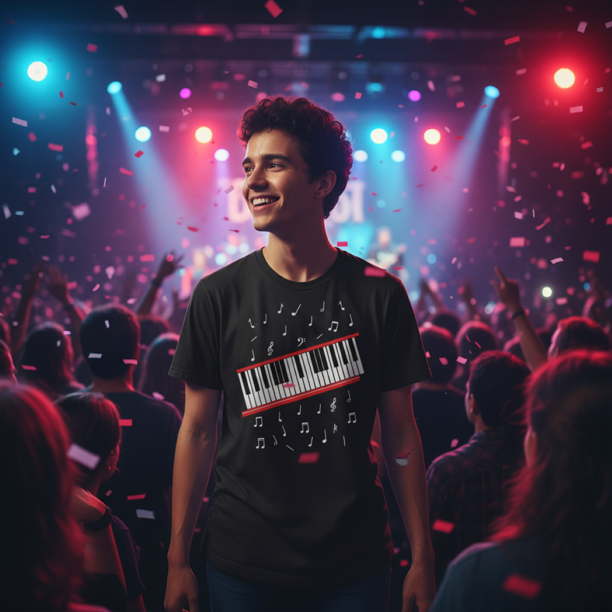 Person wearing a black t-shirt with musical notes and keyboard design at a concert.