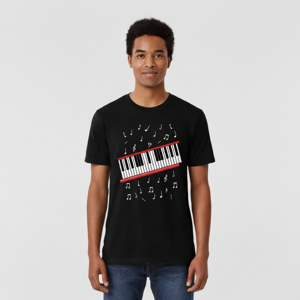 Person wearing a black t-shirt with a piano keyboard and music notes design on a plain background