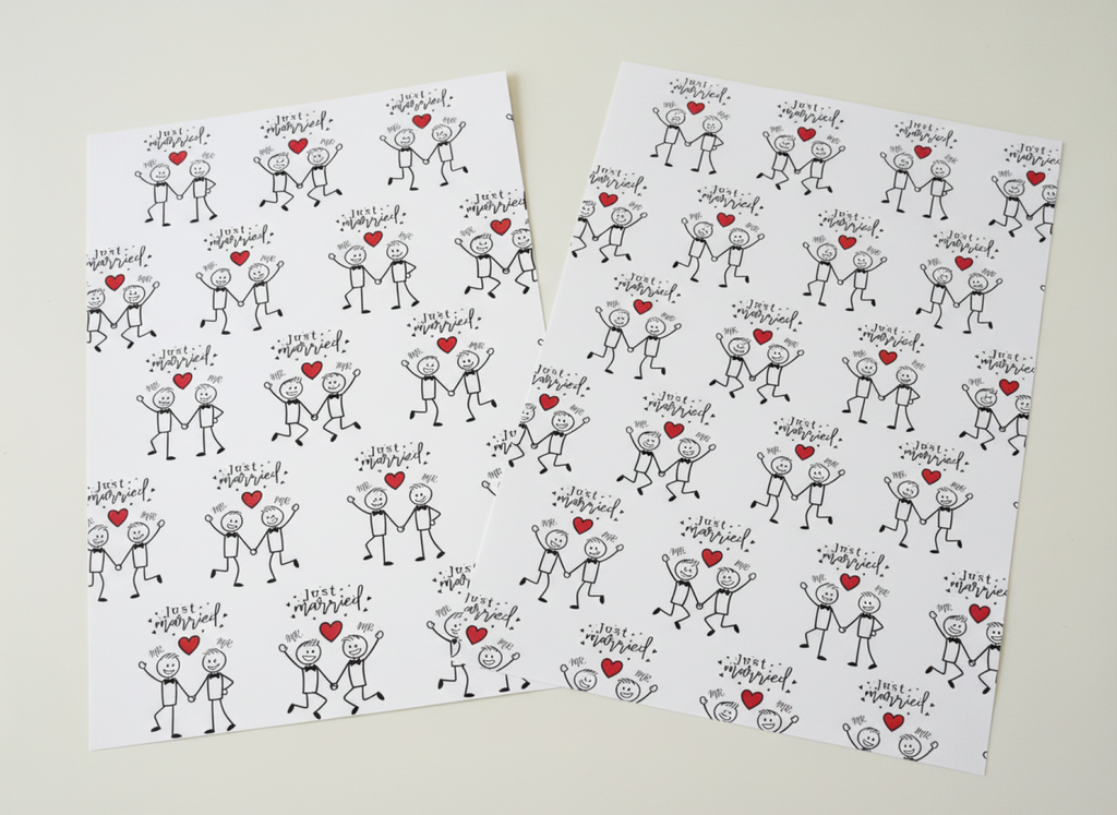 Two sheets of paper with stick figure design and hearts on a white background