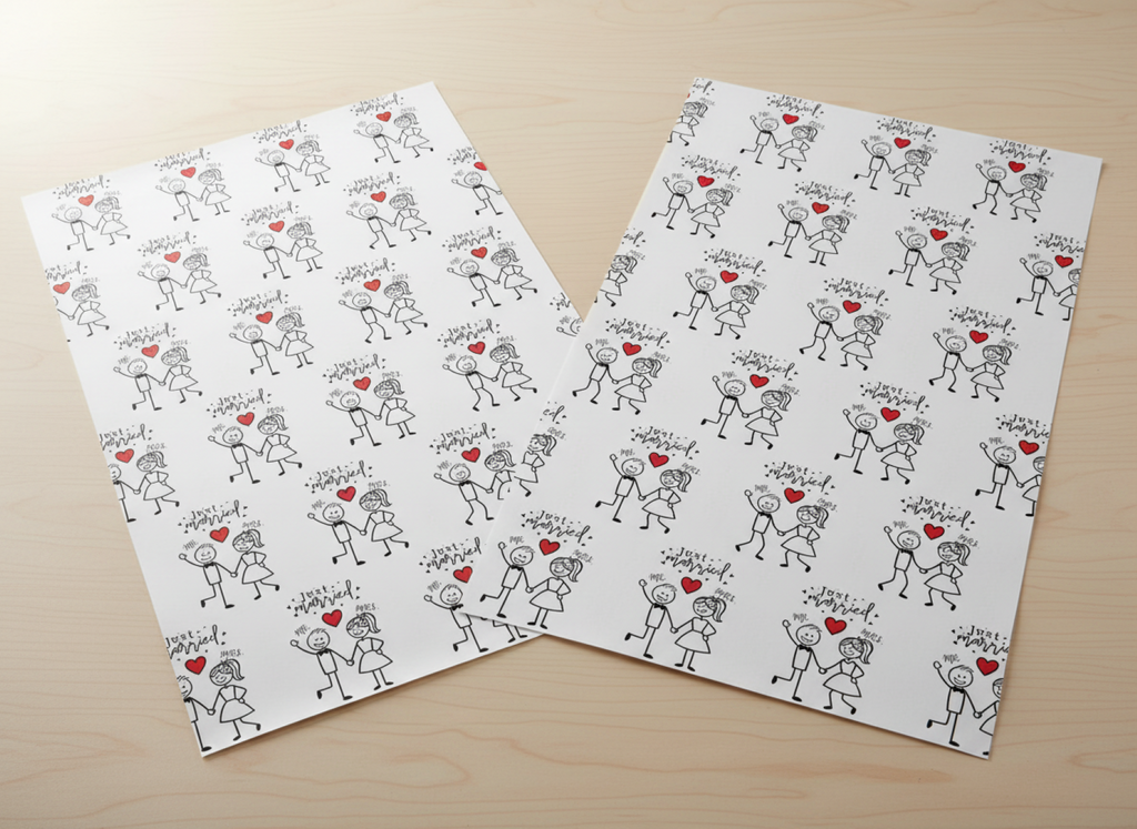 Two sheets of paper with stick figure pattern on a wooden surface