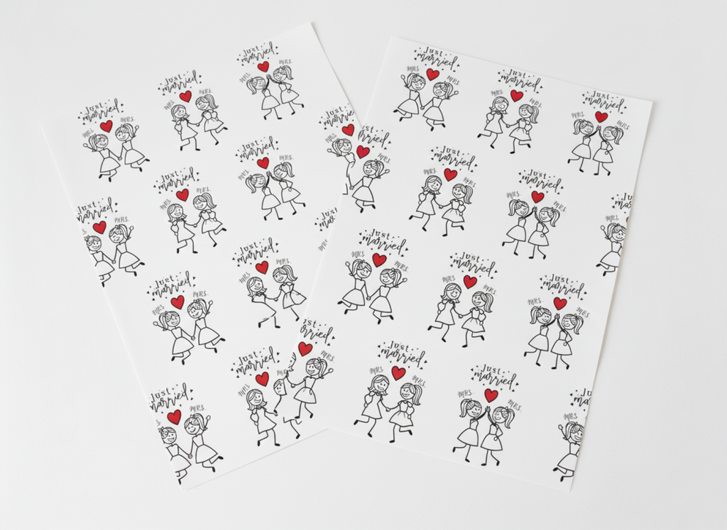 Sheet of temporary tattoos with stick figure designs and hearts on a white background