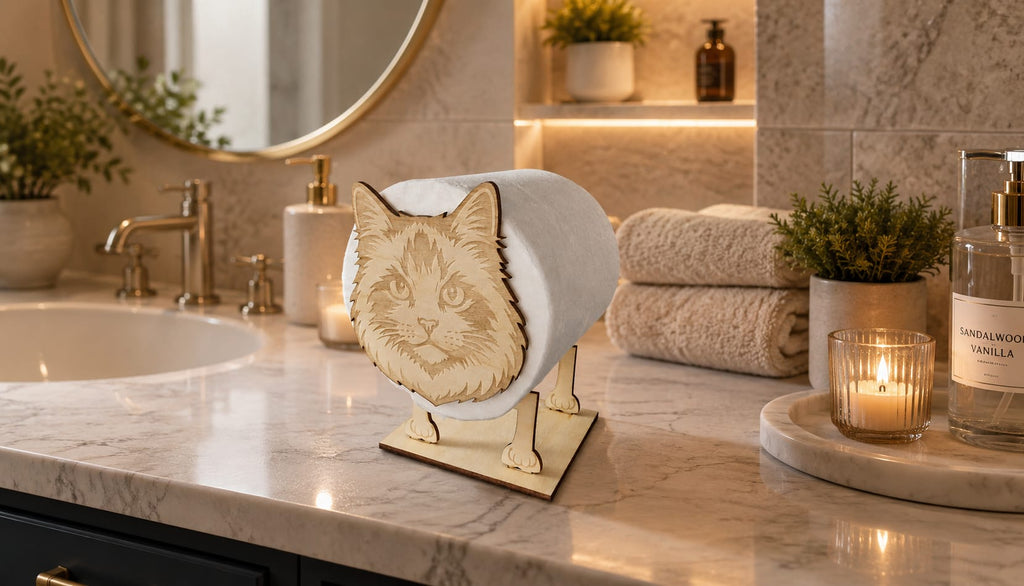 Bathroom counter with a decorative cat-shaped towel holder, candles, and plants.
