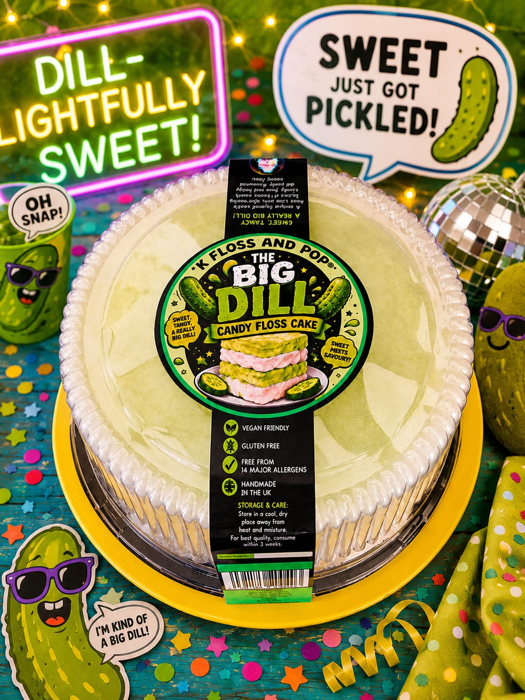 A packaged cake shaped like a pickle with pale yellow frosting and a round green-and-black label reading 'The Big Dill Candy Floss Cake,' surrounded by playful pickle-themed props and decorative signs.