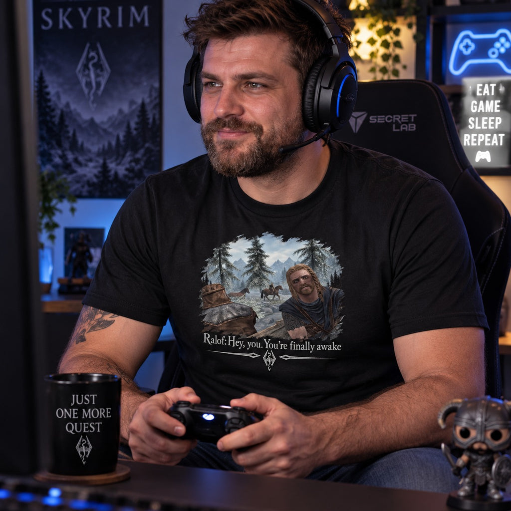 Skyrim Inspired T Shirt Hey You’re Finally Awake Gamer Gaming Gift Black