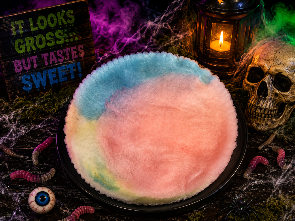 A round cotton candy pie with a pastel gradient of pink, blue, yellow, and green on a black plate, styled with a skull, candle lantern, cobwebs, worms, and a sign that reads 'IT LOOKS GROSS.