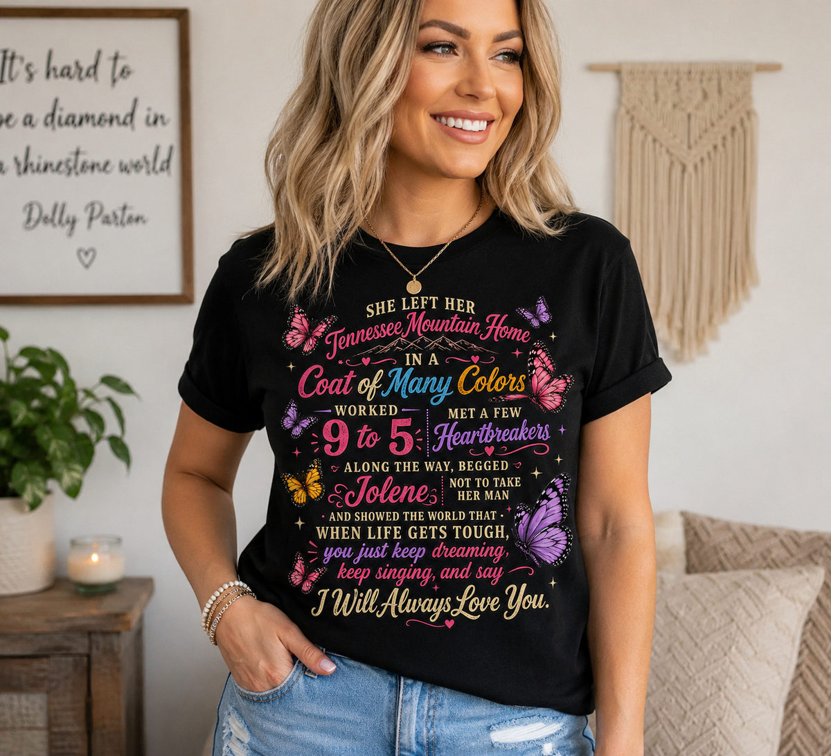 Dolly Country Music Inspired T-Shirt, Sweatshirt or Tote Bag – Colourful Butterfly Song Design