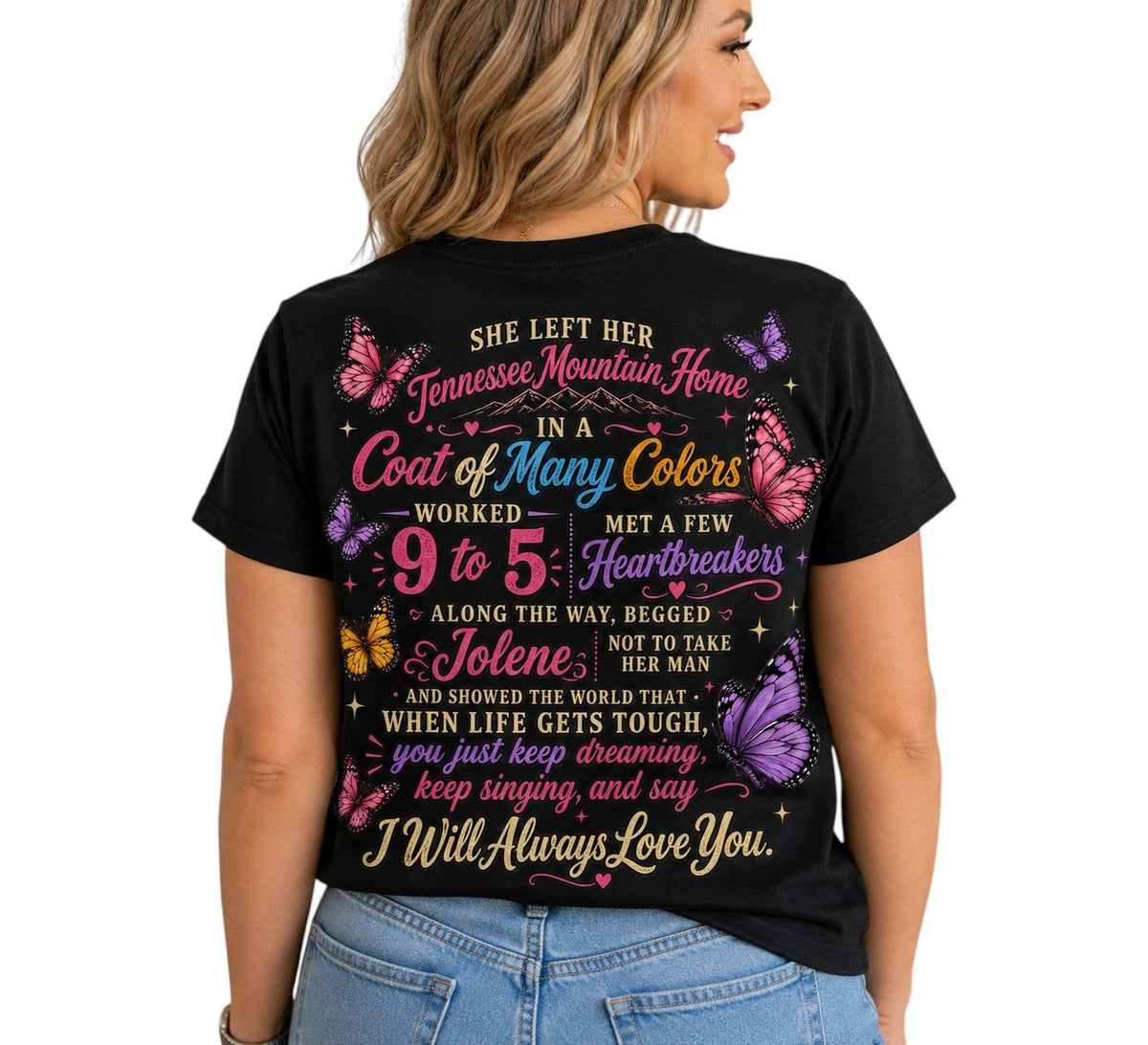 Dolly Country Music Inspired T-Shirt, Sweatshirt or Tote Bag – Colourful Butterfly Song Design