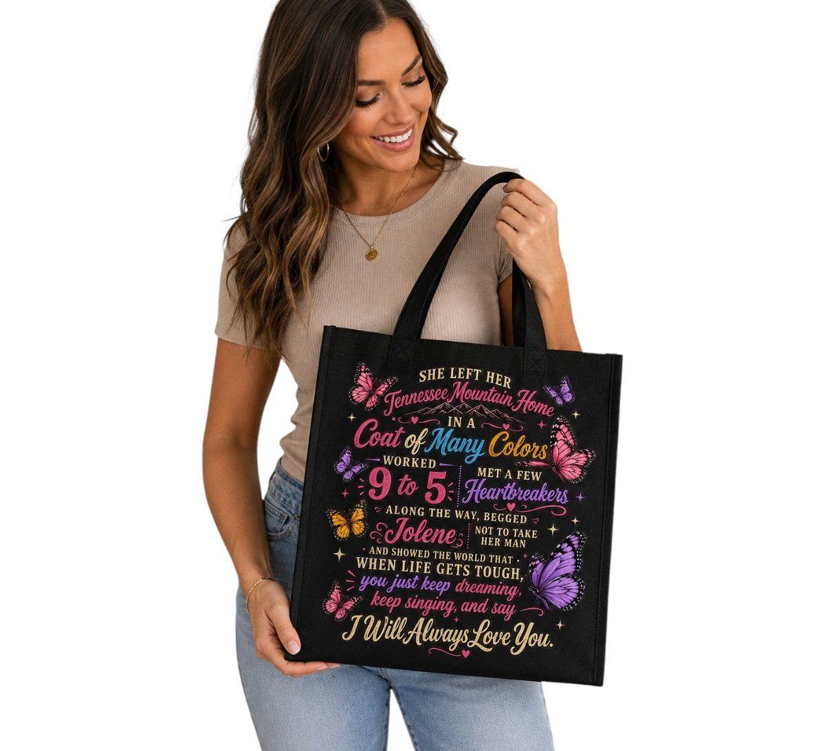 Dolly Country Music Inspired T-Shirt, Sweatshirt or Tote Bag – Colourful Butterfly Song Design