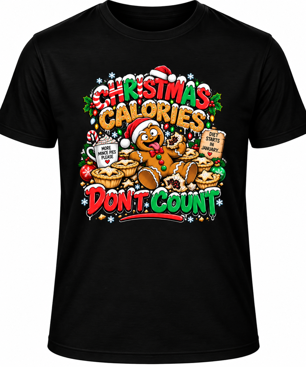 A black short-sleeve crewneck t-shirt featuring a colorful Christmas-themed graphic on the front with the text 'CHRISTMAS CALORIES DON'T COUNT' and an illustration of a gingerbread man, cookies, candy canes, and a mug.