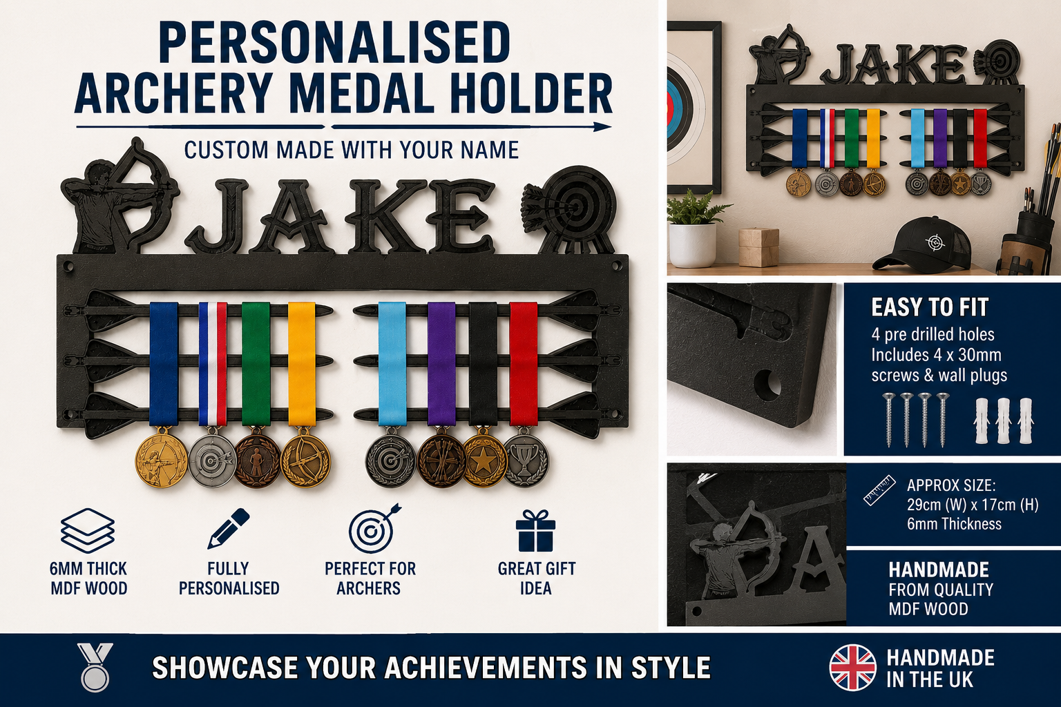 Personalised black MDF wood archery medal holder with the name 'JAKE' and target motifs, shown mounted on a wall with several colored ribbons and medals. The image is a composite marketing graphic with text callouts, size info, and a small inset of the product in use.