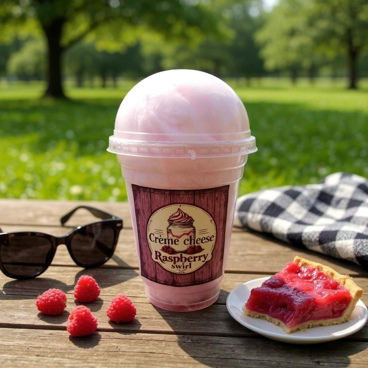 Pink ice cream cup with 'Creme Cheese Raspberry Swirl' label, raspberries, and a slice of raspberry pie on a wooden table outdoors.