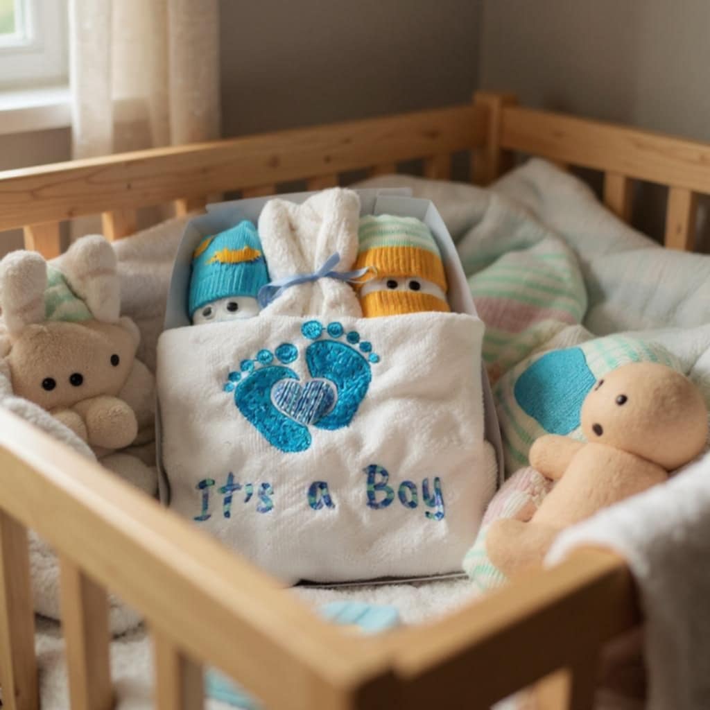Baby shower gift set with plush toys and 'it's a boy' blanket in a crib.