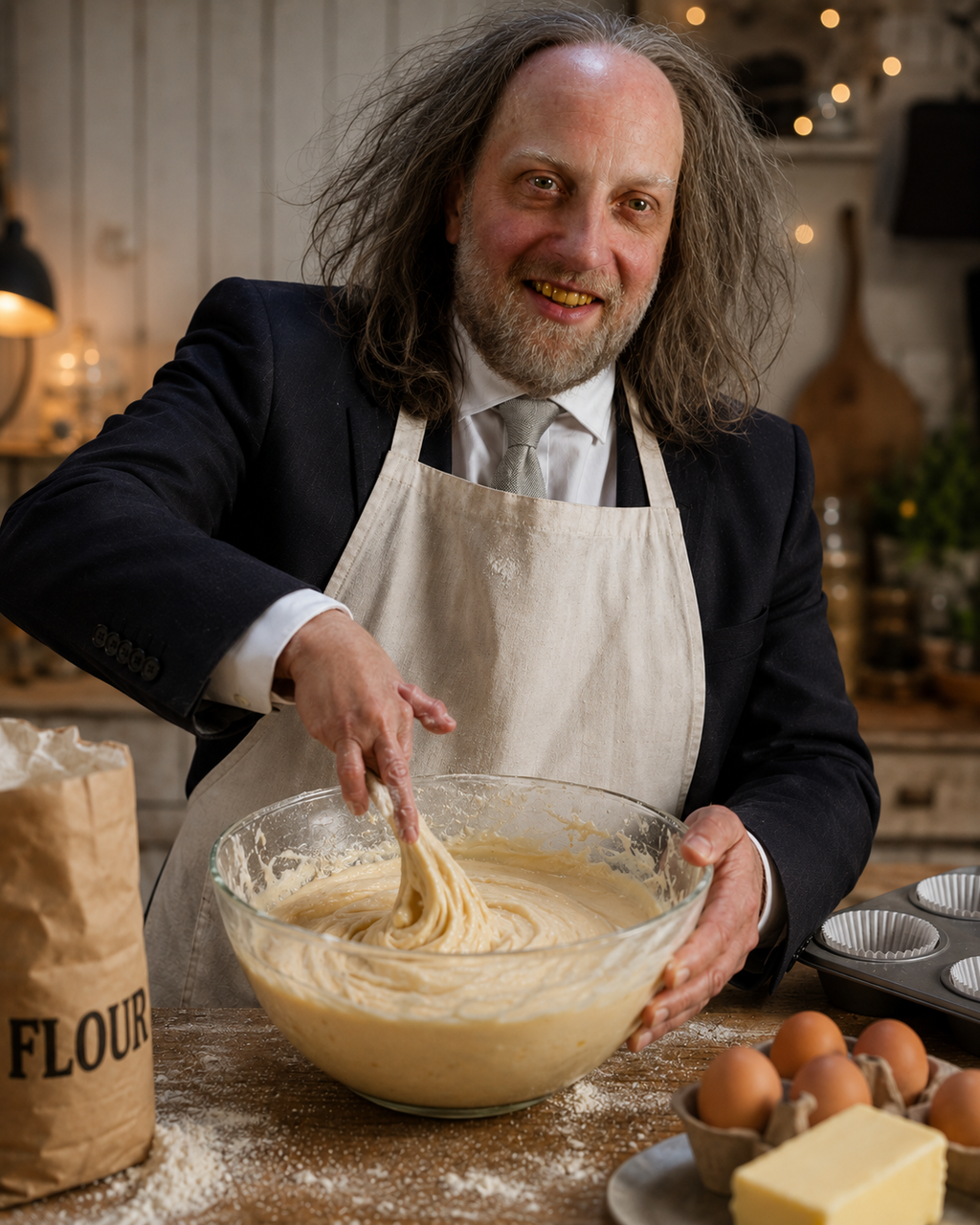 A smiling man with long gray hair wearing a black suit jacket, white shirt, and cream apron mixes batter in a large glass bowl on a rustic kitchen table. A paper bag of flour, eggs, and butter are visible around him.