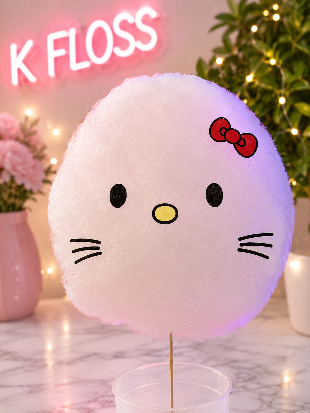 A Hello Kitty-themed cotton candy standee on a stick, featuring the character's face and signature red bow, set on a marble surface with a pink neon sign and string lights in the background.