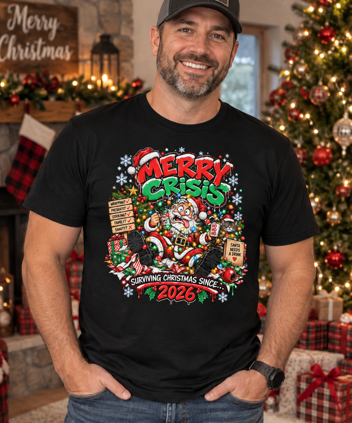 A man wearing a black graphic t-shirt with a colorful 'Merry Crisis 2026' Christmas print, standing in a decorated holiday living room with a Christmas tree and fireplace in the background.