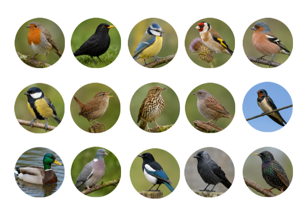 Set of circular images featuring various birds on a white background