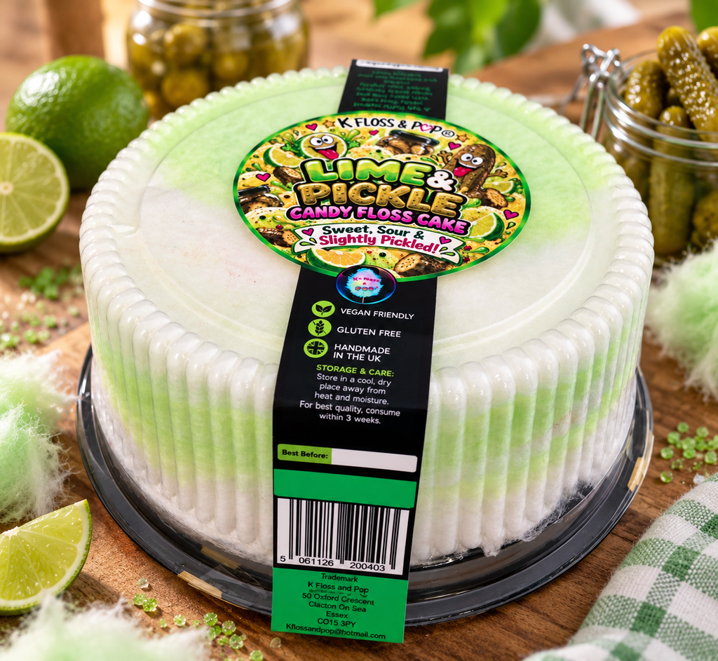 A round white pickled cake with a green and yellow circular label reading 'K. Floss & P.