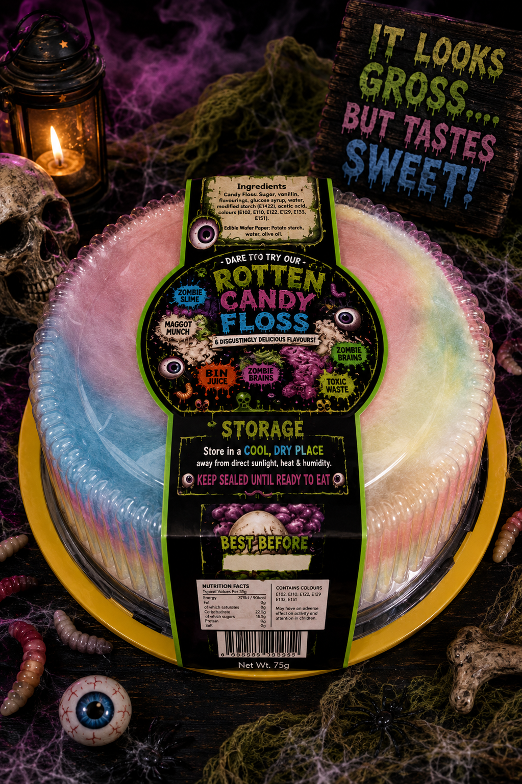 A packaged novelty candy floss product displayed on a yellow plate with Halloween-themed props including a skull lantern, cobwebs, a eyeball, and a sign reading 'IT LOOKS GROSS.