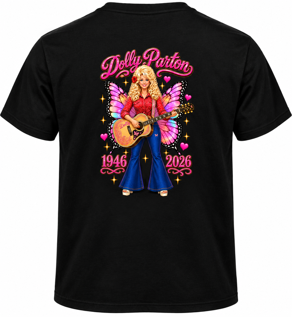 Black short-sleeve t-shirt shown from the back, featuring a large colorful graphic of Dolly Parton as an angel playing an acoustic guitar, with pink text reading 'Dolly Parton' and '1946 2026'.