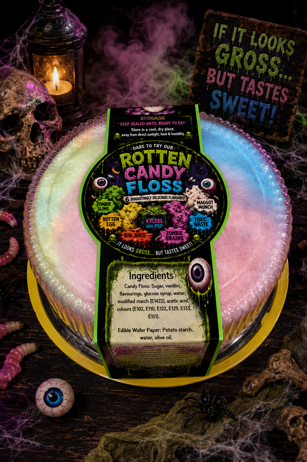 A Halloween-themed product display featuring a package of 'Rotten Candy Floss' on a yellow tray. The product is a glowing, iridescent pink and blue floss with a black label.