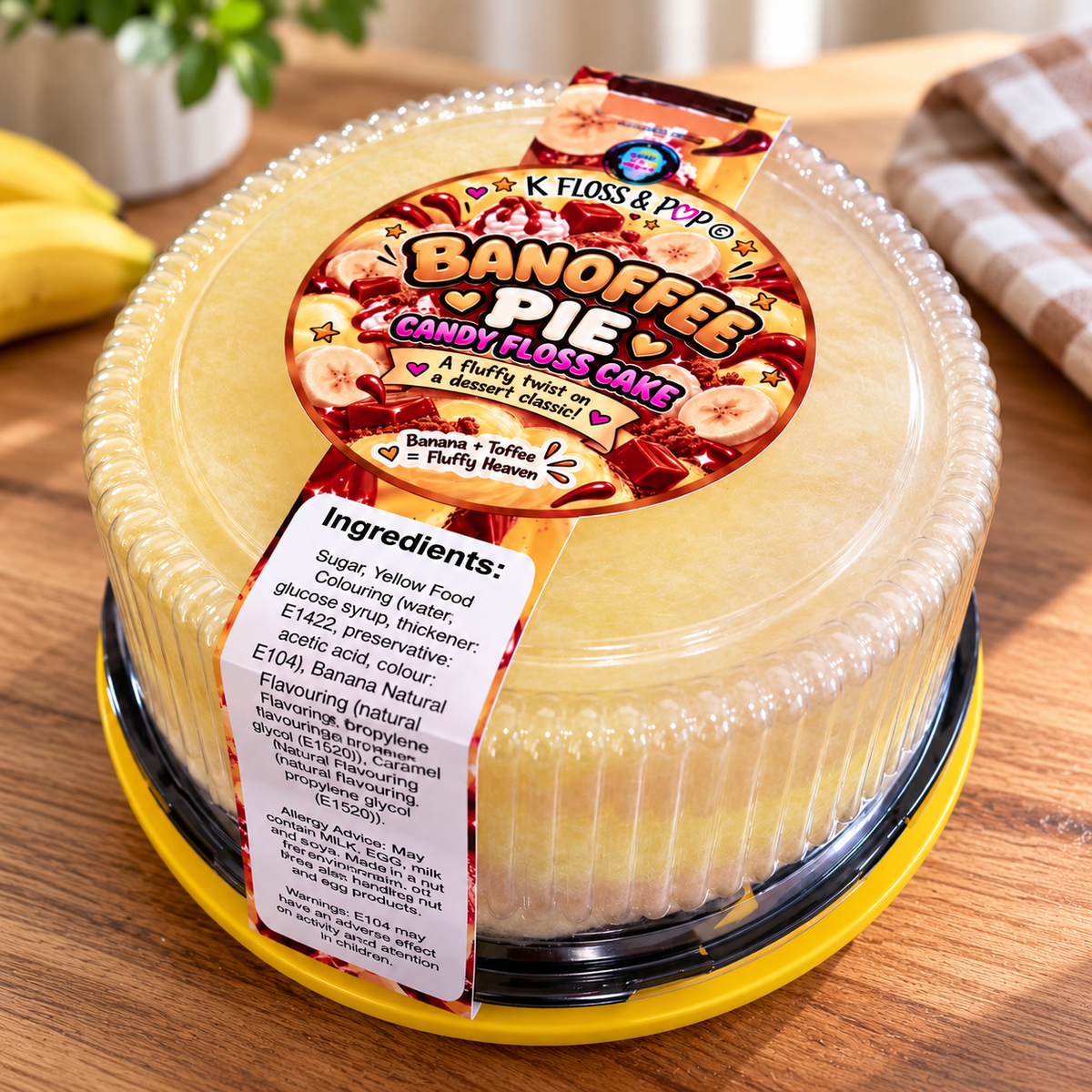 A round plastic-wrapped cake on a yellow tray, photographed on a wooden table with a banana and cloth in the background. The top label reads K Floss & R Puff Banana Toffee Banoffee Pie.
