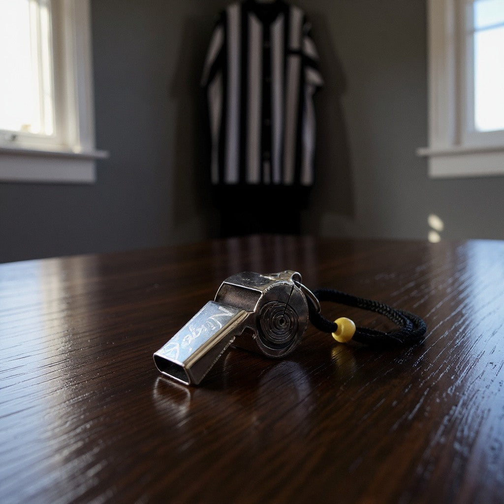 Metallic whistle on a wooden surface with a blurred background