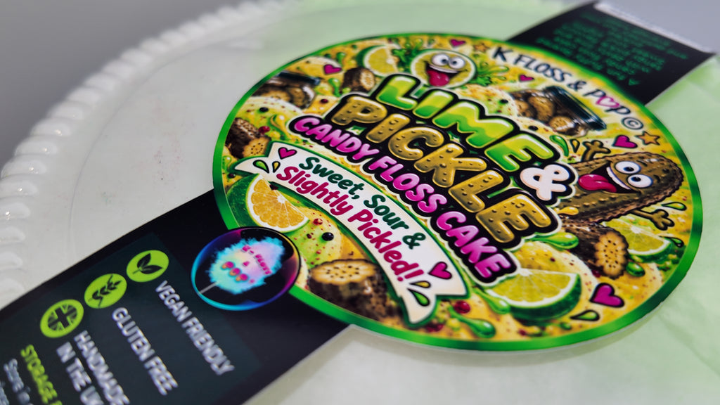 A close-up of a packaged cake product with a colorful round label reading 'Lime & Pickle Candy Floss Cake' and a black side panel showing product details. The cake itself is pale green and is partially visible behind the packaging.
