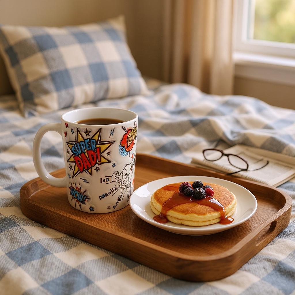 Breakfast tray with a mug labeled 'Super Dad' and pancakes on a bed.