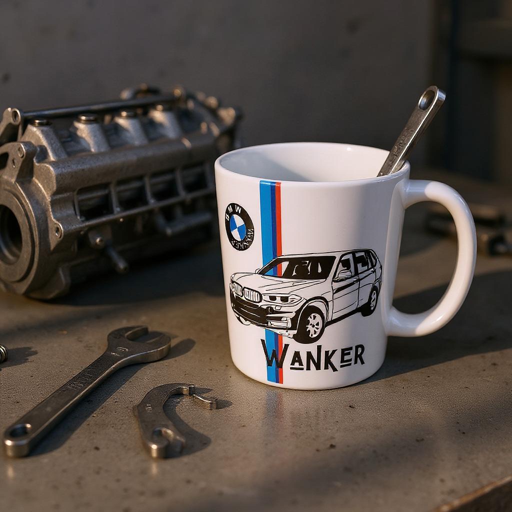 White mug with BMW logo and car illustration on a workbench with tools and engine parts.