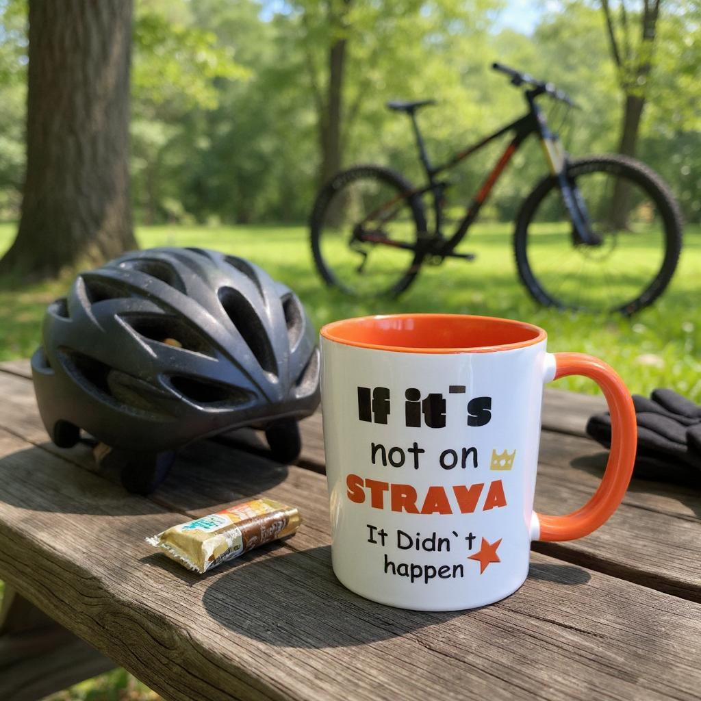 Cycling helmet, mug with text, and chocolate bar on a picnic table with a bicycle in the background.