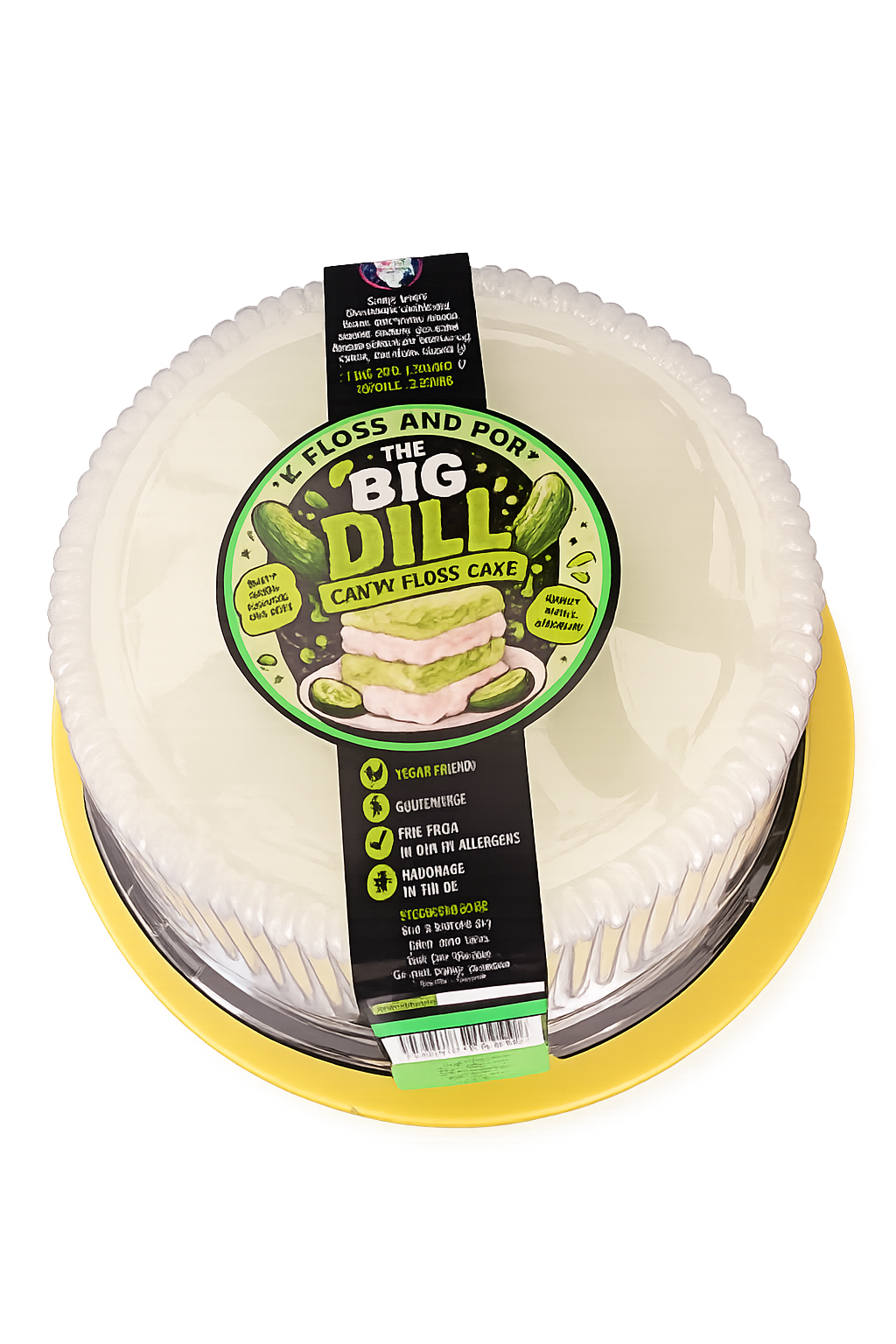 The Big Dill Canopy Floss Cake by Funny Face Studios, featuring a white floured cake inside a clear plastic container with a yellow base, wrapped in a black and green paper label.