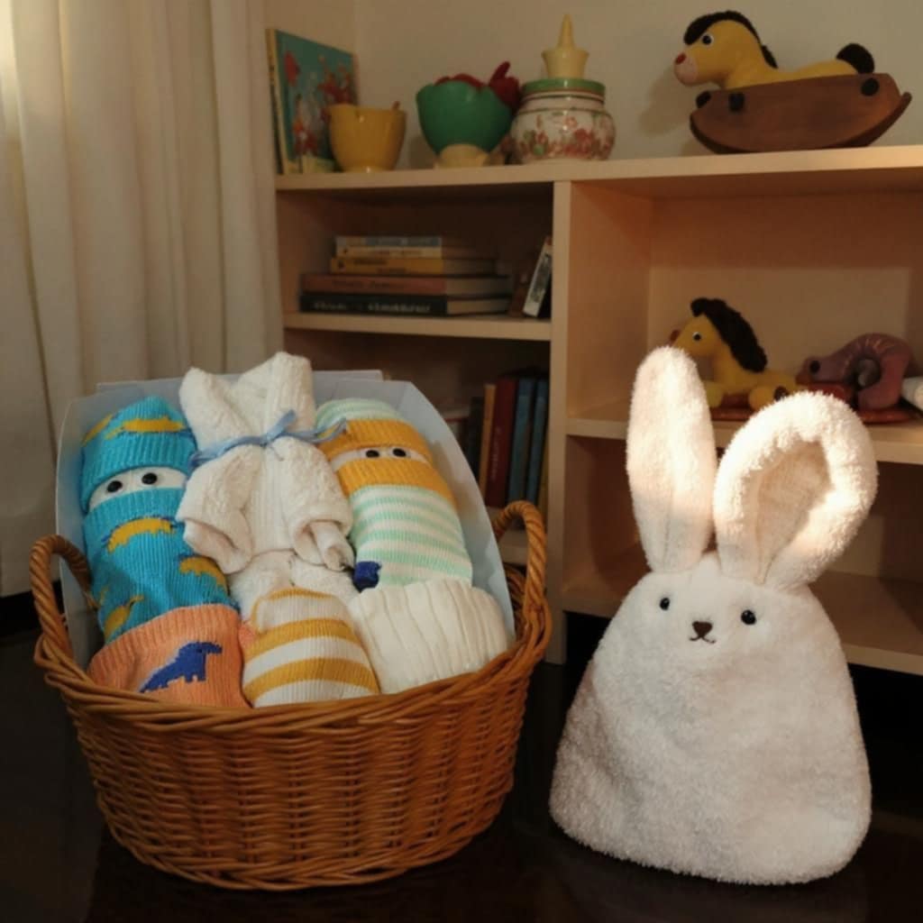 Children's toys including a basket of colorful socks and a plush rabbit toy in a room with a bookshelf.
