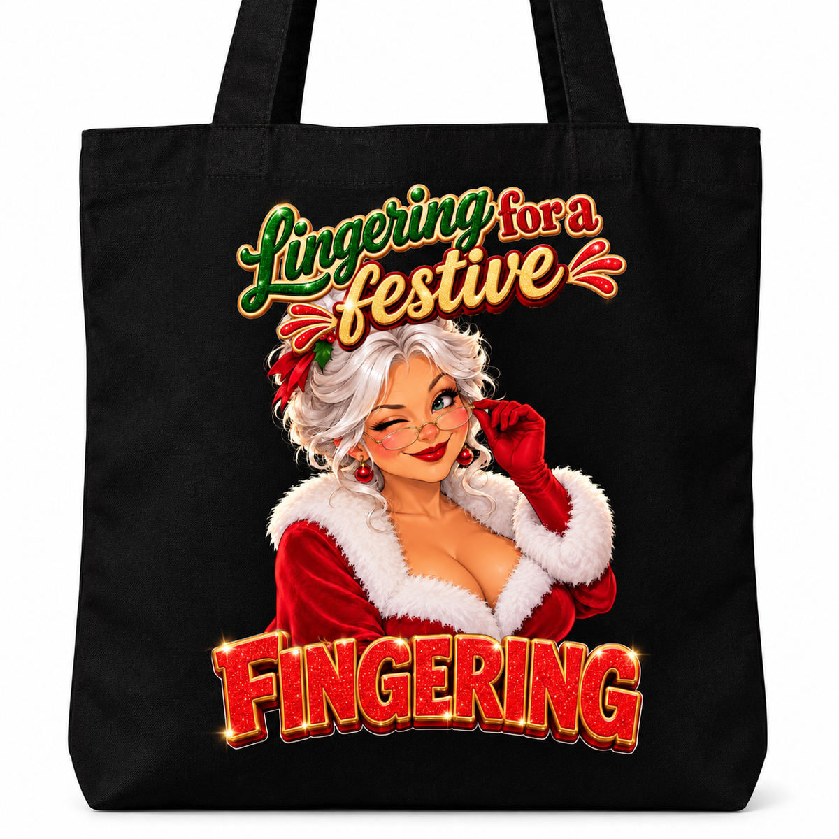 A black canvas tote bag featuring a festive graphic print of a pin-up style woman in a Santa outfit with the text 'Lingering for a festive FINGERING' in red, green, and gold lettering.