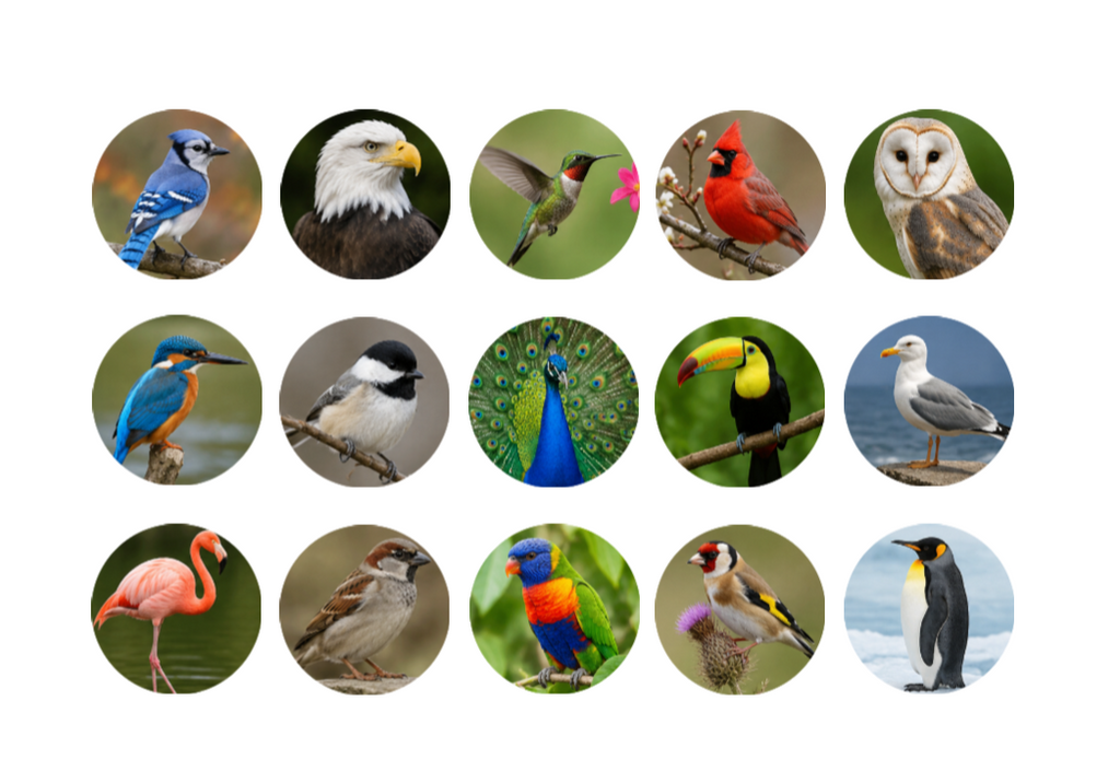 Various bird species in circular images arranged in a grid on a white background.