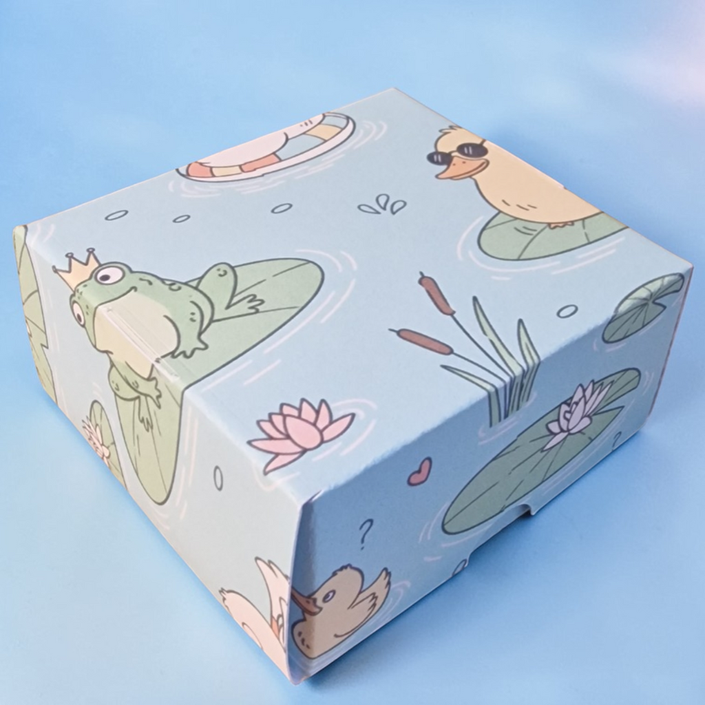 Box with frog and duck illustrations on a light blue background